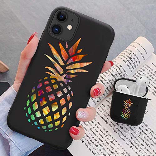 Joyland Case For Airpods 2 + Iphone 11 Cover Skins Set Cartoon Lovely Fruit Pineapple Pattern Matte Airpods Shock Proof Protective Resistant Cases For Iphone Airpods 1 & 2(Black) #TOP3