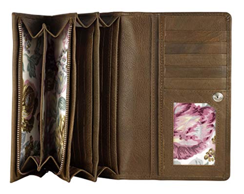 Image of Women's Top Grain Leather Wallet, RFID Blocking Bifold clutch, 17 Card Slots, Zip Pocket Organizer, Elegant Gift for Women - Birthday, Anniversary - Washed Olive Green