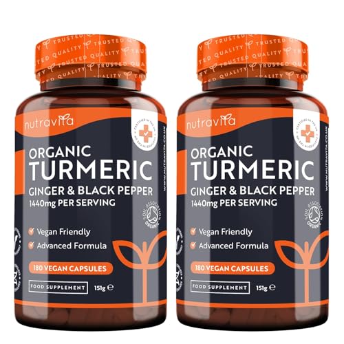 Nutravita Organic Turmeric 1440mg with Black Pepper & Ginger (2 Packs of 180)- 360 Vegan Turmeric Capsules (6 Month Supply) High Strength Organic Turmeric with Active Ingredient Curcumin - UK Made