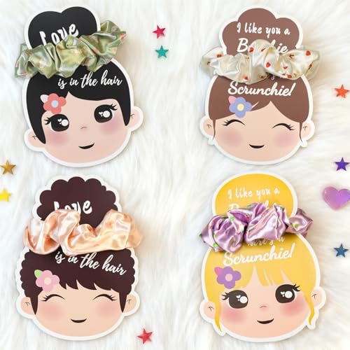 Valentines Day Gifts for Kids - 24 Pack Girl Scrunchies Cards With Hair Scrunchies, Valentine's Gifts Exchange Party Favor for School Classroom Boys Girls Toddlers and Kids Party Favor Sets