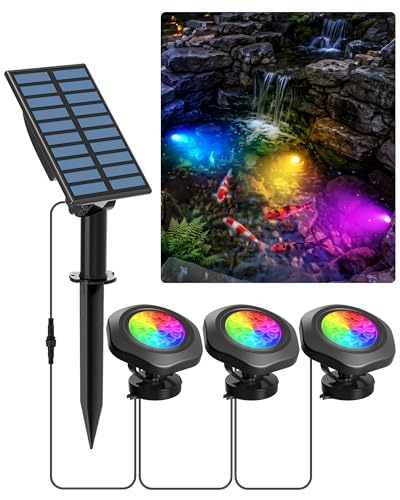 T-SUNiceM 3-in-1 Solar Pond Lights IP68 Waterproof RGB LED Submersible Spotlights 2 Light Modes for Pond Fountain Pool Aquarium Garden Patio Decor