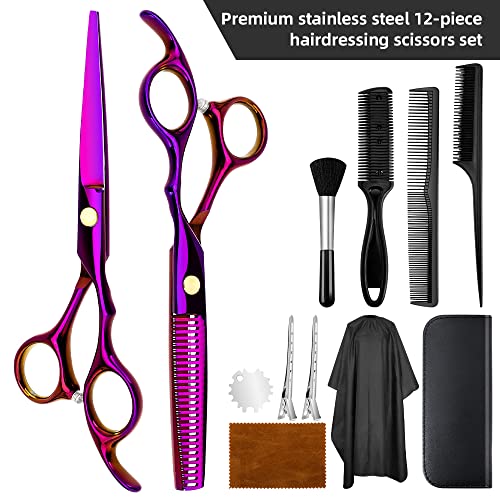 Hair Cutting Scissors Set Professional Hairdressing Scissors Kit With Straight Scissors, Thinning Scissors, Comb, Cape, Hairpin, Brush Multi Use Haircut Kit For Salon Barber And Home Using #TOP6
