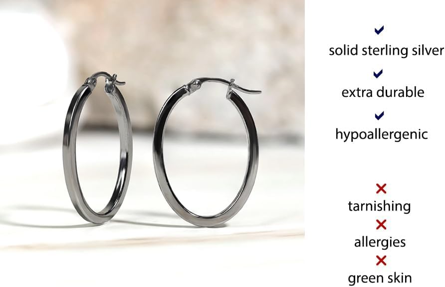 Hoops & Loops 925 Sterling Silver 2mm Oval Square-Tube Hoop Earrings for Women, 20mm 25mm 30mm, Silver, Black, Yellow & Rose Gold - Image 3