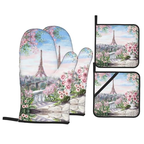 Ensemble de gants de cuisine et maniques - Tour Eiffel de Paris avec imprimé floral - Gants de...