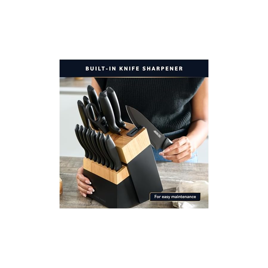 Home Hero Kitchen Knife Set with Sharpener - High Carbon Stainless Steel Knife Block Set with Ergonomic Handles (16 Pcs - Black/Wood)