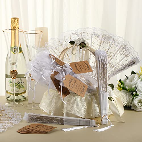 Lace Floral Folding Hand Fans Rose Retro Folding Fan Foldable White Hand Fans Bridal Hand Held Fan Lace Decorative Folding Fans Tags With Holes And Bags For Women Wedding Birthday Party (48 Set) #TOP5