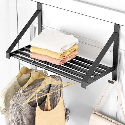 Over The Door Clothes Hanger with 2 Hooks Stainless Steel Over The Door Hangers for Clothes with Storage Rack Clothing Hanger Drying Racks for Laundry Washroom Fits Door Up to 1.77 Matte Black