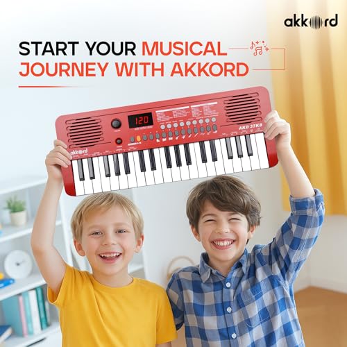 Image of Akkord 37 Keys Music Keyboard - Red Edition | MIDI USB-C, Touch Response, 200 Rhythms, Tones & 40 Demos, LED Display, Portable Beginner Piano Compatible with GarageBand.