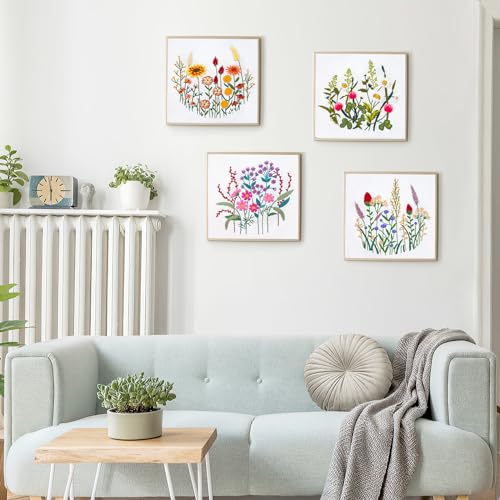 Image of Dremisland 4 Sets Embroidery Kit for Beginners Cross Stitch Kits for Adults with Cute Flowers and Plants Patterns Beginner Embroidery Kit for Adults Follow Instruction Video