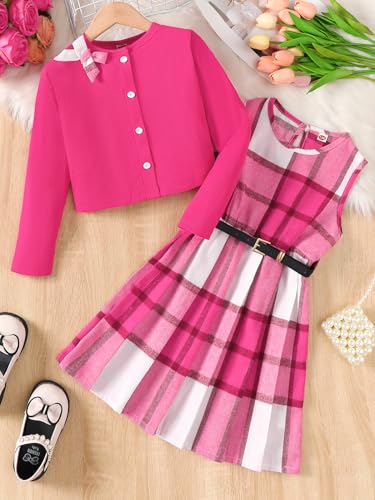 Image of PureChapter Girls' Preppy Clothes Plaid Vest Dress Cardigan Jacket Belt Cute Kids Clothes 7-14Y Green