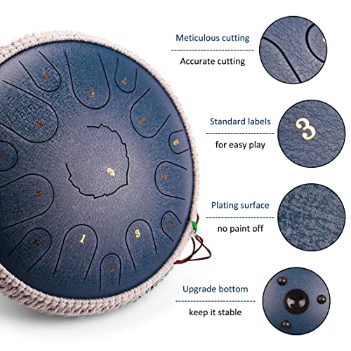 LOMUTY Steel Tongue Drum,15 Notes 14 inch D-Key Steel Drums for Adults Hand pan Drum with Bag, Music Book, Mallets, Finger Picks,Tongue Drum Metal Drum Instrument for Meditation Yoga (Navy) - Thumbnail 4