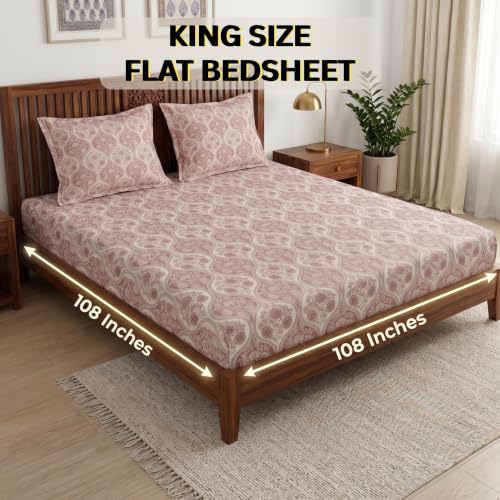 Image of Mafatlal 186 TC Grace 100% Pure Cotton King Size Bed Sheet | 108 x 108 Inch | Fade-Resistant Cotton Bedding Set with 2 Pillow Covers | Rose Wine