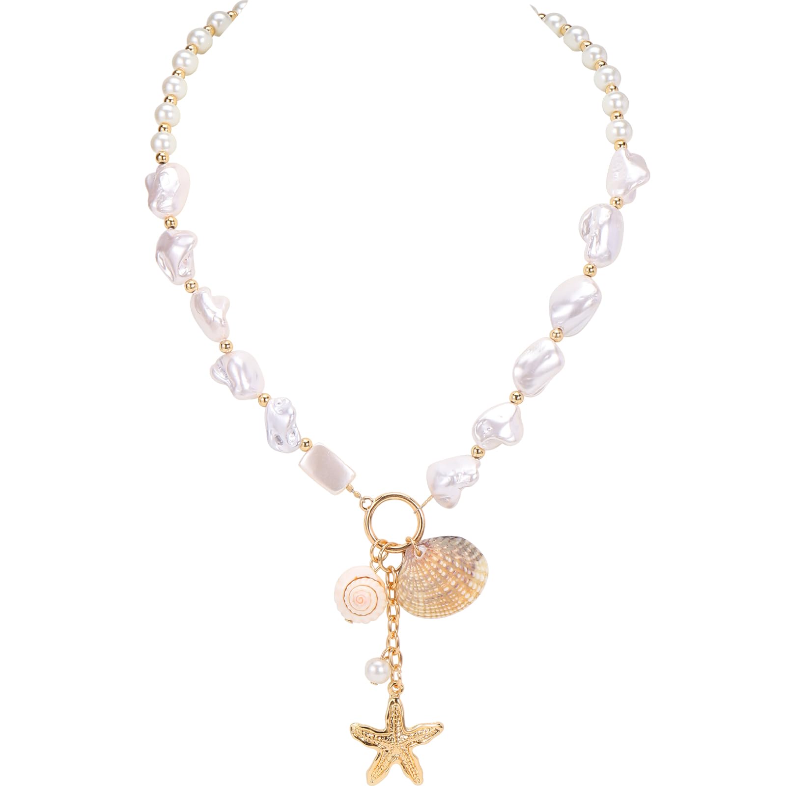 Coiris Natural Seashell Choker Necklaces Earrings Jewelry Set for Women Starfish Shell Freshwater Pearl Collar Necklaces for Women Irregular Mother of Pearl Jewelry Set
