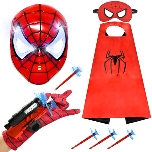 ZAZOOT Spiderman Umhang Kinder und LED Maske, Cosplay Kostüm für Kinder, Children Theme Party Dress Up Costume Set, Superheld Launcher Handschuh Spielzeug für Halloween, Karneval, Geburtstag Party.