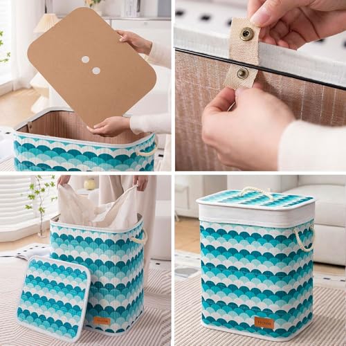 Image of Amazon Brand - Umi Rectangle Bamboo Laundry Basket for Clothes with Lid Wave Printed Hamper | Eco-Friendly, Foldable & Lightweight Organizer (Blue, 40x30x50 cm, Pack of 1)