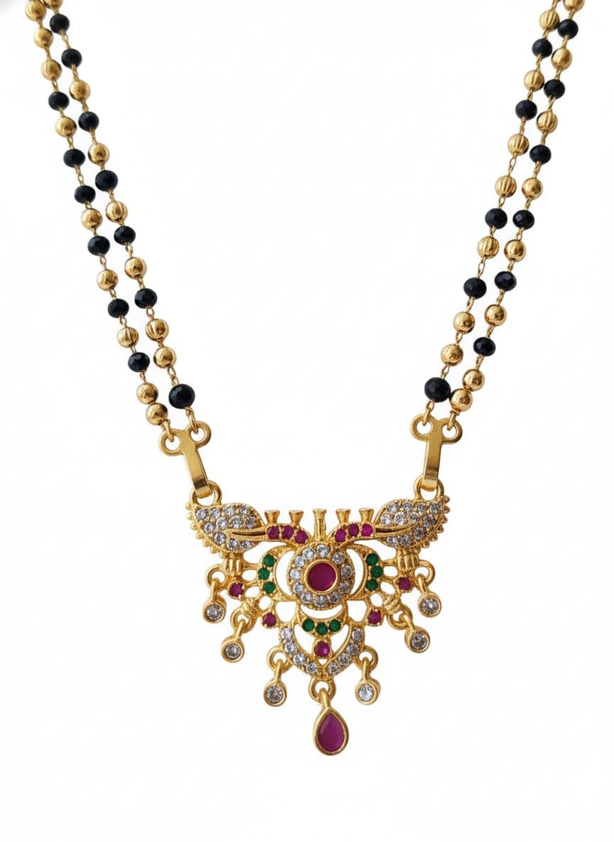 nkr gold Traditional Gold-Plated Double-Chain Mangalsutra with Black Beads and Intricate Temple-Style Pendant Featuring Ruby, Green Stone & CZ Detailing – Bridal Wedding Jewelry for Women-picture-19