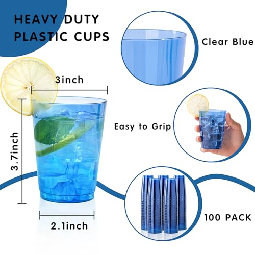 Image of DaYammi 100 Pack Clear Blue Plastic Cups 10 Oz - Heavy Duty Blue Disposable Cups,blue Party cups Disposable Tumblers for Wedding,Birthday,Cocktails & Celebrations Reusable Drinking Glasses