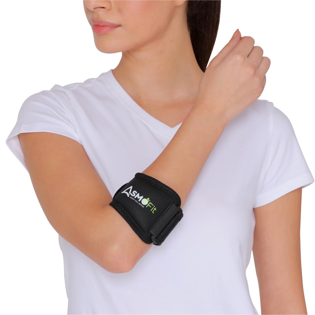 Asmofit Tennis Elbow Support for Gym with Adjustable Strap | Elbow band for pain relief in Bursitis, Tendonitis Support | Ideal for Men & Women, Weightlifting, Volleyball & Cricket - Black (Size: Universal) - Image 6 thumbnail