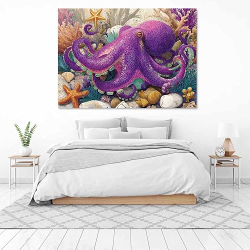 Toile murale pieuvre violette CUDAOO 60x90cm encadrée pour salon - 3