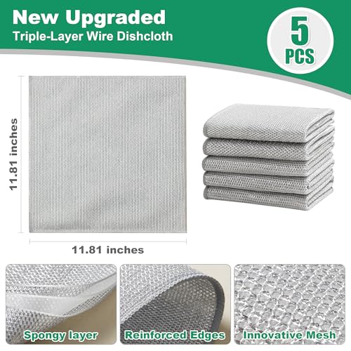 Image of JOYMOOP Multipurpose Non-Scratch Silver Fiber Dishwashing Cloths, Reusable Cleaning Rags, Scrubbing Pads for Dishes, Glass, Stainless Steel - 5 Pack