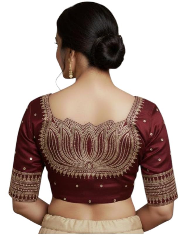 Women's Readymade Vichitra Silk Blouse | Back Heavy Lotus Embroidery & Sequins Work | Padded Saree Blouse | V-Neck Front Open-image-33