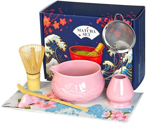 8 Pcs Matcha Whisk Set with Ceramic Bowl, Scoop Rest, Sifter, Tea Mat, Greeting Card, Whisk Holder, Bamboo Whisk and Scoop, Perfect Present for Friend Family Matcha Tea Lovers, Ceremony Kit