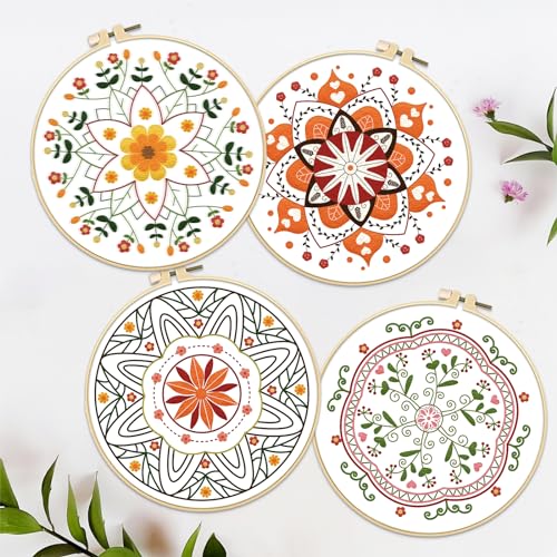 Image of FREEBLOSS 4 Set 8'' Embroidery Kit for Beginners Mandala Pattern Embroidery Kit with Instructions Full Kit of Embroidery Cloth 2 Embroidery Hoops 11 Colors Flosses