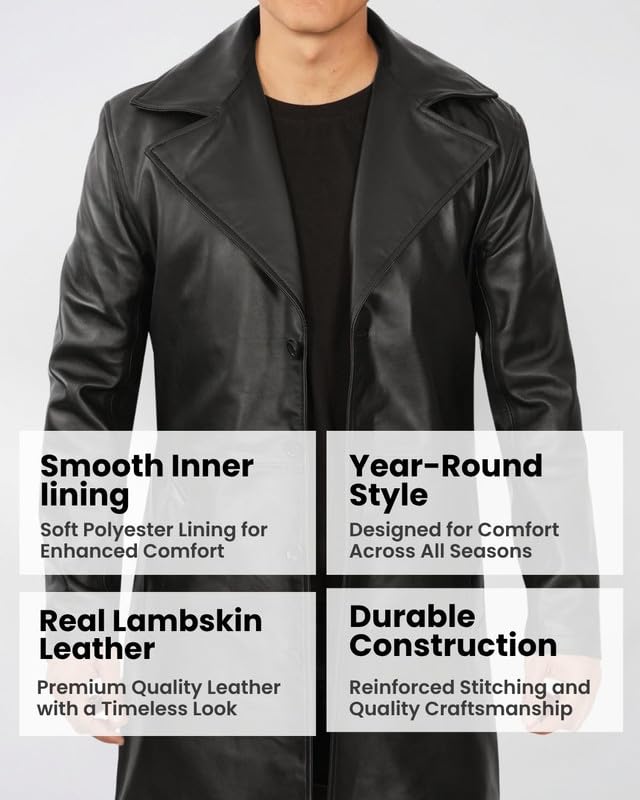 Image of Blingsoul Men's Leather Car Coat - Genuine Lambskin Long Leather Jacket for Men, Real Leather Coat with Lapel Collar