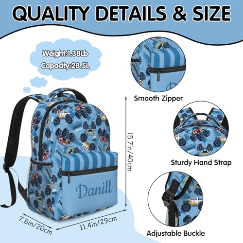 Custom Backpack for Boys, Personalized Truck Backpack with Name, Customized School Bookbag for Kids16in3