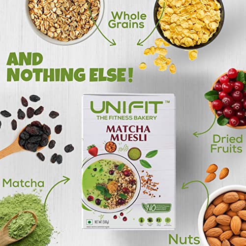 Image of UNIFIT Matcha Muesli Cereal - High Protein, Crunchy Breakfast with Oats, Cranberries & Almonds | Healthy, Instant & Ready to Eat | 500g of Antioxidant-Rich Goodness!