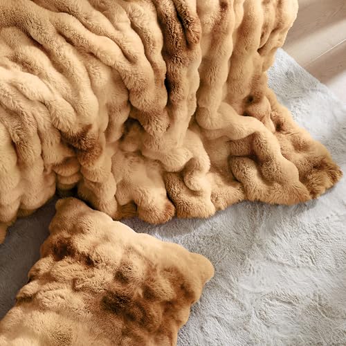 Image of Wonderful - 3 Pieces Faux Rabbit Fur Comforter Set King Size, Caramel Tie Dye Plush Bedding Set, 3D Sculpted Bubble Warm Fluffy Comforter for Winter