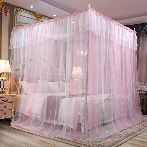 Joyreap Luxury 4 Corners Post Canopy Bed Curtains - Pink & White Cozy Drape Netting - Cute Princess Bedroom Decoration Accessories (47" W X 78" L, Twin) #TOP2