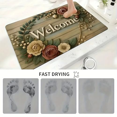 Image of Arviz Welcome Door Mat with Elegant Floral Design, 3D Bath Mats for Bathroom Anti Slip, Super Absorbent Floor Mat for Home, Kitchen & Bedroom, Anti-Slip Washable Bathmat for Bathroom