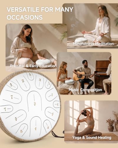 Donner Steel Tongue Drum, 12 Inches 15 Notes Handpan Drum with Mallets, Music Book and Carry Backpack, Hand Pan for Adults with Finger Picks and Note Stickers, Gift Idea with Greeting Card, White - image 6