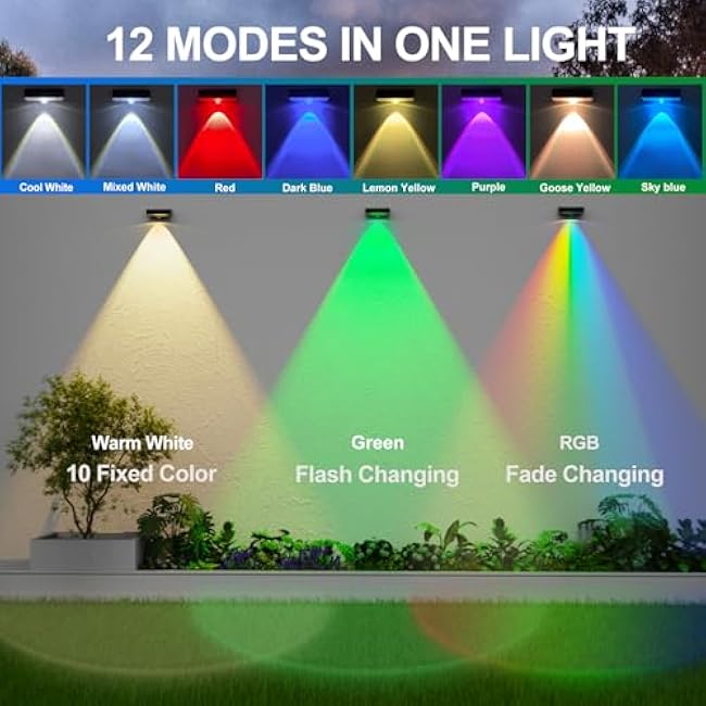 Solar Fence Lights,Fence Lights Solar Powered Waterproof IP65 Multicolor Led 12 Fixed Colors ¨ÕRGB Color Changing for Pool, Deck, Patio, Porch, Stairs, Holiday (12)