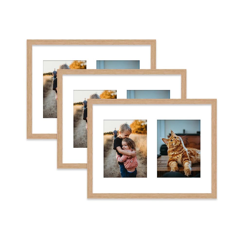 Oak Multi Photo Frame - Holds 2 x 8x6 Pictures, Family Collage Picture Frame for Wall Display, 16x12 Frame size, Set of 3