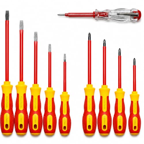 MoJoTools Insulated Screwdriver Set 1000V 10-Piece Electrician Screwdriver Set with Voltage Tester Magnetic Tips Cr-V Steel Slim Ergonomic Grip