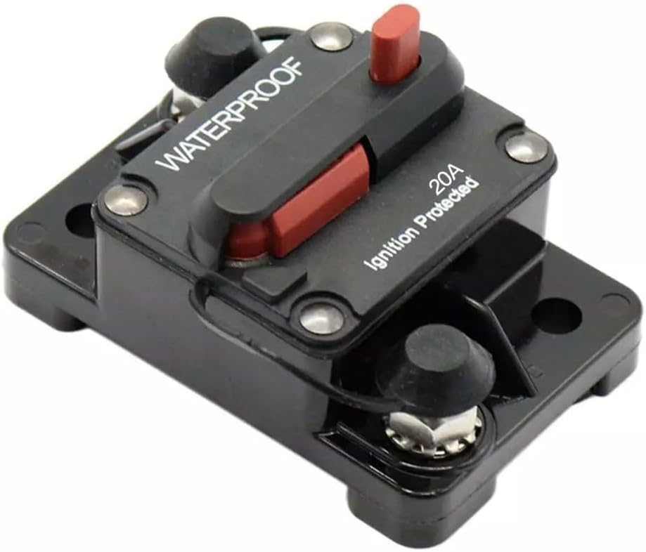 20A Circuit Breaker with Manual Reset Switch for 12-48V DC Solar Power Systems, IP67 Waterproof Fuse Holder for Marine RV Boat Battery