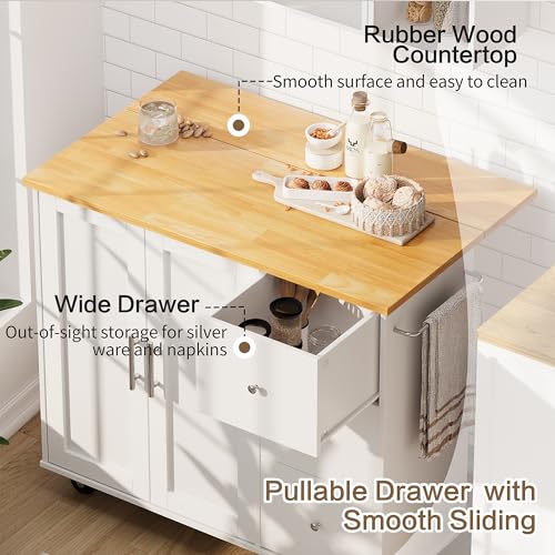 Image of SUNLEI Kitchen Island on Weels with Storage Cabinet & Foldable Drop Leaf, Buffet Sideboard Cabinet, Cart Handle for Towel Rack, Drop Leaf, Portable Islands for Kitchen (Cream White, 39.7-INCH)