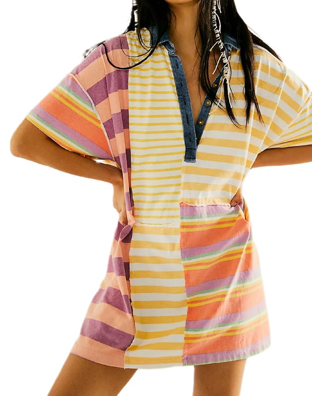 Image of NUFIWI Y2K Striped Shirt Mini Dress for Women Oversized Stripe Tunic Tshirt Dresses Short Sleeve Buttons Loose Fit Tee Dress