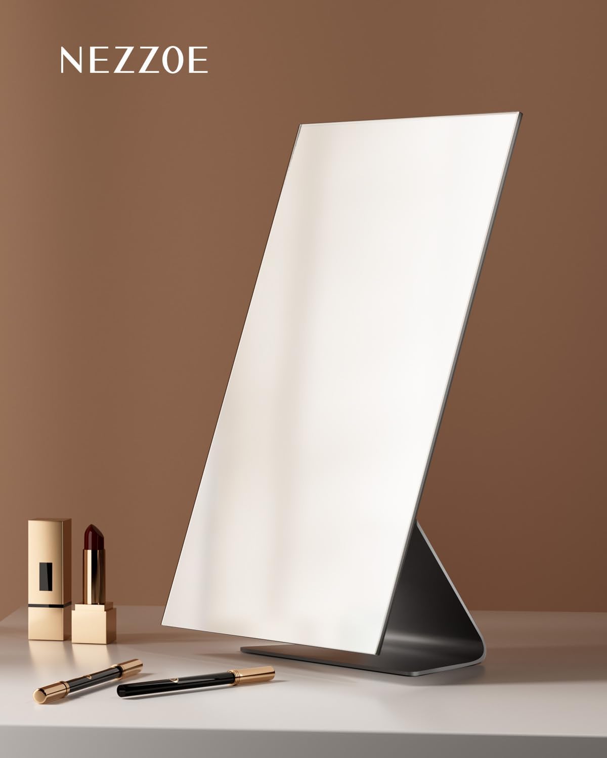 NEZZOE Rectangular Free-Standing Makeup Mirror, Frameless 1X Vanity Mirror with Adjustable Tilt, Metal Base, for Desk, Bathroom Countertop or Windowsill, 12 x 7 Inches