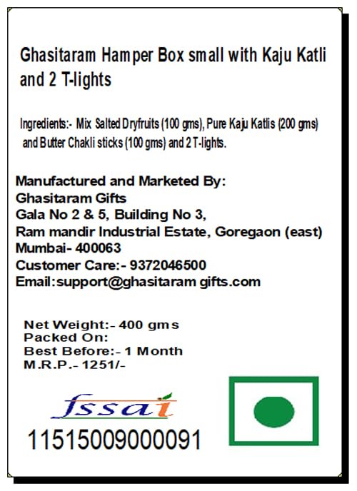 Image of Ghasitaram Gifts Jaiccha Ghasitaram Hamper Box Small with Kaju Katli and 2 T-Lights |Gift Hamper| Diwali Gift Hamper|Food Hampers|Gourmet Hampers|