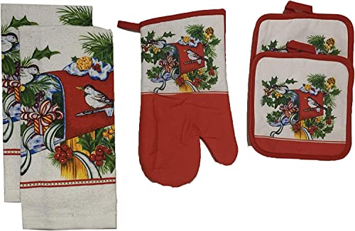 Set of 5, Poinsettia Bouquet Design Christmas/Holiday Season 100% Cotton Kitchen Towel Set, Includes 2 Kitchen Towels, 2 Potholder & Oven mitt.