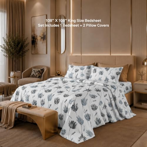Image of Jaipur Weaves Cotton Linen Feel King Size Bedsheet 108x108 Super King, 100% Pure Cotton Bed Sheet with 2 Pillow Covers, 300 TC Soft Breathable Floral Design Bedding -(Tulips Blue, Super King)