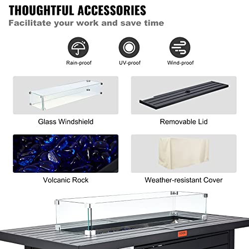 Vevor Gas Fire Pit Table, 54 In 50000 Btu, Propane Outdoor Wicker Patio Fire Pits With Carbon Steel Tabletop, Lava Rock, Glass Wind Guard, Cover, Add Warmth To Gathering On Garden Backyard, Csa Listed #TOP4