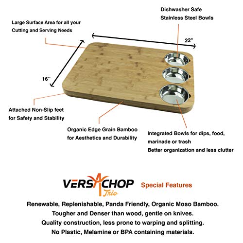 Versachop Trio, Extra Large 22 X 16 Inch Cutting Boards For Kitchen, Butcher Block - Totally Natural Organic Moso Bamboo Board With Three Stainless Steel Bowls Attached For Easy Chopping #TOP6