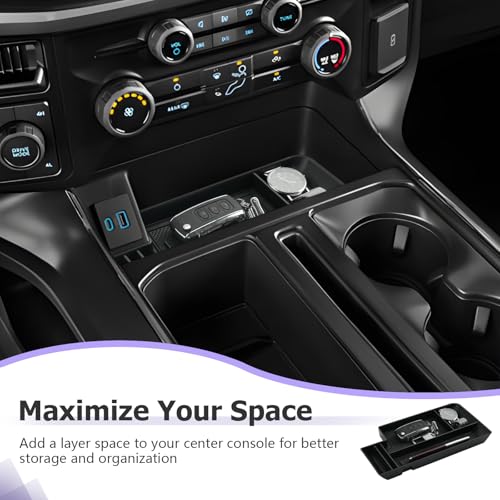 Image of LUWU Center Console Organizer for 2021-2024 2025 Ford F150 & 2022-2024 F150 Lightning XLT Hidden Storage Tray Lower Storage Box 2025 F150 Accessories Fits into The Open Pocket in Front of The Shifter