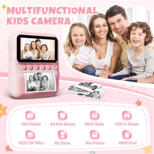 Kids Instant Print Camera, 3.0'' Screen, 48MP Photo, 1080P HD, Gift for 3-12 Year Old Girls & Boys (Pink) with 32GB Card by CalineGam - Image 3