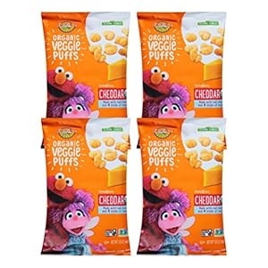 Earth’s Best Organic Kids Snacks, Sesame Street Toddler Snacks, Organic Cheddar Veggie Puffs, Gluten Free Snacks for Kids 2 Years and Older, Cheddar, 1.55 oz Bag (Pack of 4)