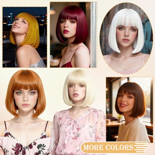 Image of PLULON Blonde Short Bob Wig with Bangs for Women, Colorful Neon Short Bob Synthetic Hair Wigs with Hair Cap Heart Sunglasses for Girls Daily Bachelorette Halloween Costume Party Supplies